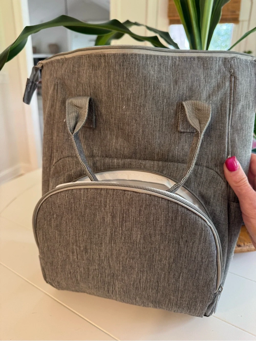 Grey Fabric Baby Diaper Bag Backpack Tote